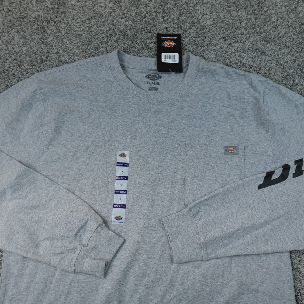 NEW Dickies Shirt Mens LT Gray Long Sleeve Pocket Logo Workwear Tee Casual Top